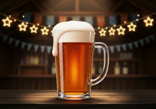 Cold mug of beer with foam, warm and inviting, for a celebration in a pub