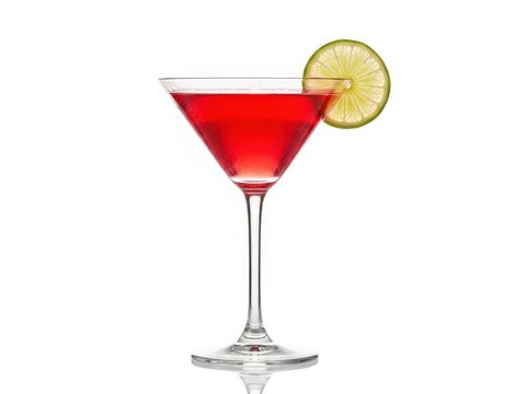 Cosmopolitan cocktail in martini glass garnished with lime slice drink party