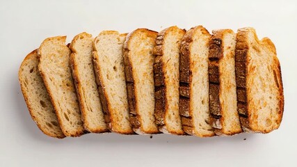 Video Freshly sliced bread arranged neatly on a clean white surface, ideal for food or advertising