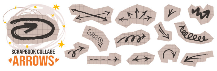 Hand drawn doodle set with scribble arrows and paper cutout elements.
