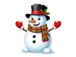 Smiling snowman character in festive hat, scarf, and mittens