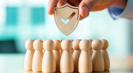 Hand places a wooden shield with a checkmark over a group of wooden figures, symbolizing security and care