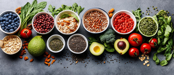 Colourful natural products and fresh vegetables in bowls illustrate a healthy lifestyle and are perfect as a background for culinary blogs.