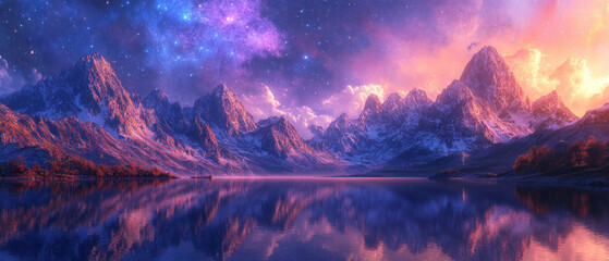 The sunset sky above the snow-capped mountain peaks is reflected in the mirror-like surface of the lake, making it a suitable artistic backdrop for projects about natural harmony and travel.