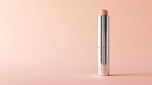 Sleek silver concealer stick makeup product on a pastel background
