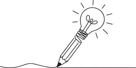 Continuous One line drawing of Pencil with idea light bulb combined into symbol, creative energy design art or science invention or research. one line Icon drawing