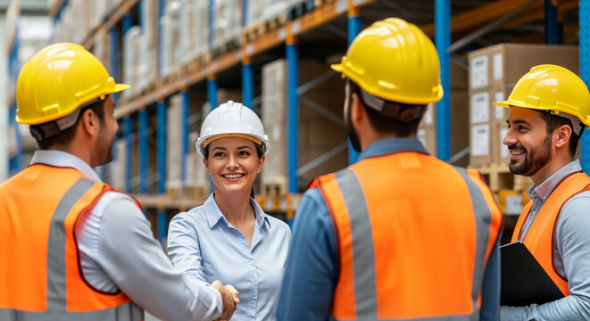 Businesswoman and male workers shaking hands in a busy warehouse, symbolizing partnership and agreement