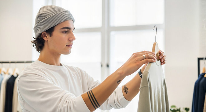Gen Z man trying on clothes in a store for youth fashion advertising campaign