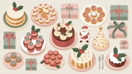 Holiday dessert assortment of cakes, cookies, and wrapped gift presents