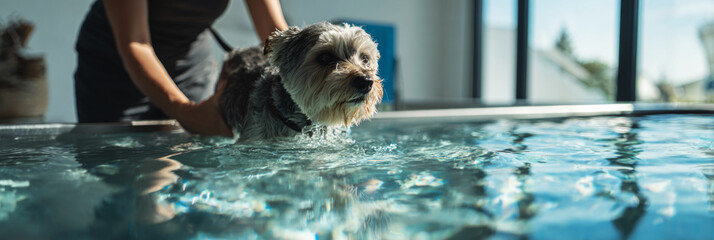 Dog walks on an underwater treadmill with the guidance of a trainer. This rehabilitation method helps improve the dog's strength and mobility in a safe environment, banner
