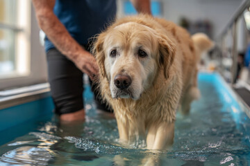 A golden retriever walks carefully on an underwater treadmill during rehabilitation. A trainer provides gentle support to help the dog with its exercise routine