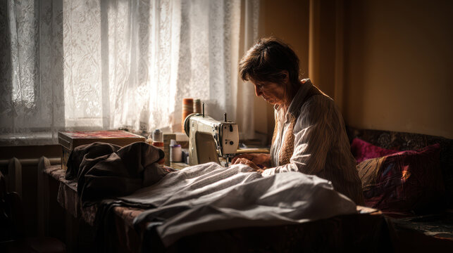 Older woman sewing with vintage machine by sunlit window.