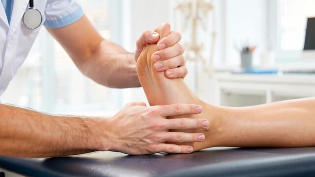healthcare professional holding and checking a patient&rsquo;s foot during physical exam, rehabilitation or injury diagnosis in clinic