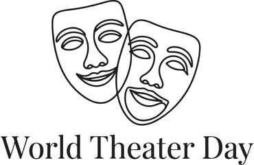 World theater day banner design, with character mask sketch, continuous one line drawing, vector illustration. one line Icon drawing