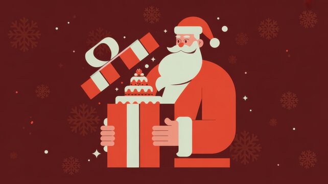 Santa claus opening gift box with cake and snowflakes on red background