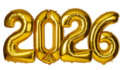 Golden “2026” balloons with “Happy New Year” isolated on white background, festive celebration decoration, party illustration, holiday greeting, shiny celebration PNG.