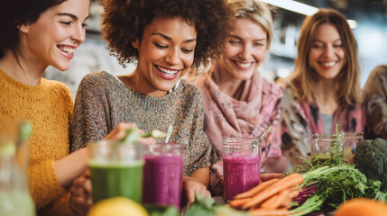 Diverse women preparing colorful smoothies with fresh ingredients.