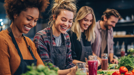 Four people in aprons prepare vegetables and drinks.