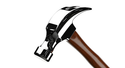 Polished Hammer: A close-up shot of a meticulously crafted hammer with a polished chrome head and a sturdy wooden handle, resting at a dynamic angle.