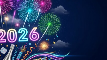 Vibrant fireworks illuminate the dark night sky, celebrating the arrival of 2026 with sparkling confetti, a champagne bottle, and festive party decorations.