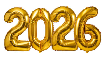 Golden “2026” balloons with “Happy New Year” isolated on white background, festive celebration decoration, party illustration, holiday greeting, shiny celebration PNG.