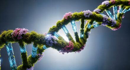 Genetic dna double helix adorned with organic moss and vibrant flowers, symbolizing natural life