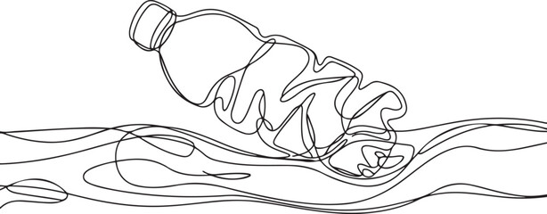 Used PET bottle on waves. Crushed plastic bottle floating in water. One line drawing illustration of crumpled trash. one line Icon drawing