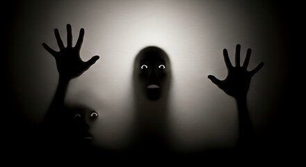 Spooky face silhouette behind a stretched fabric with hands reaching out