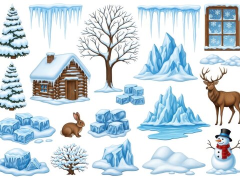 Winter landscape elements isolated set with snow, ice, and animals