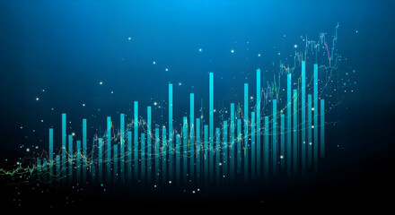 Abstract financial data visualization with glowing bar chart and digital particles on blue