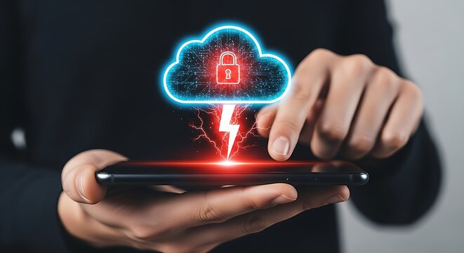 Cloud data security concept with a lock symbol and lightning bolt