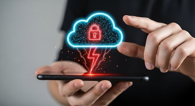 Cloud data security concept with a lock symbol and lightning bolt