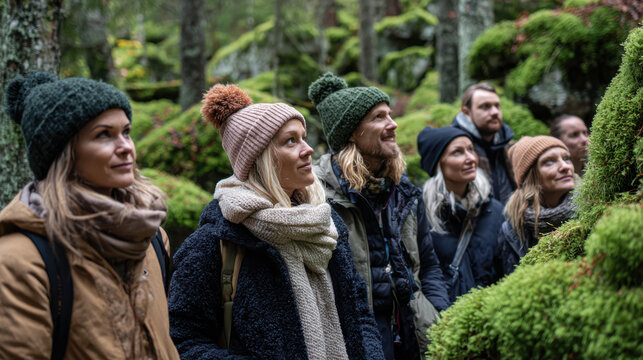 Group of people looking up in mossy forest. - Powered by Adobe