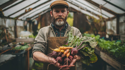 Farmer holding harvested beets and carrots inside greenhouse.
