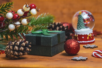 Fir branches, Christmas gifts, balloons and lollipops. retro style 