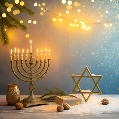 Golden Menorah & Star of David Glowing for Hanukkah. Jewish Holiday Lights & Festive Decorations. on transparent background