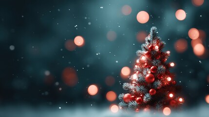 Christmas tree with red ornaments and lights in a snowy setting
