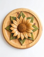 Sunflower with green leaves made of wood, on a round wooden plate, handmade, decorative button isolated on white background, light butternut tone