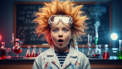 Young Boy With Wild Hair And Goggles In A Science Lab Wearing A White Coat Looking Amazed
