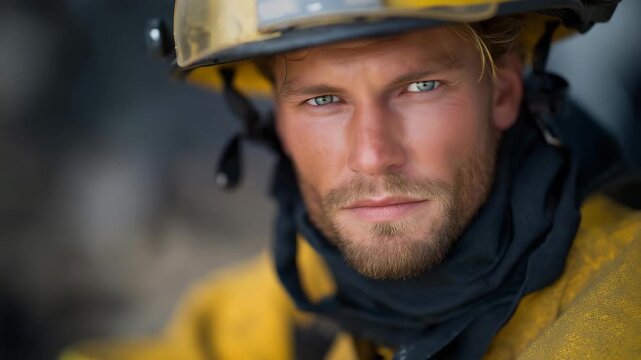 Close-up of firefighter&rsquo;s face covered in soot and sweat, eyes reflecting firelight &mdash; an intimate and human portrayal of exhaustion, determination, and the emotional weight of those who risk their