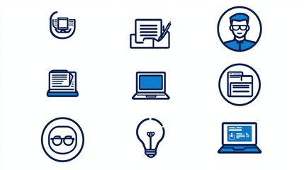 This image contains a collection of icons depicting various elements related to computer usage document management and a person suggesting themes of education business and technology