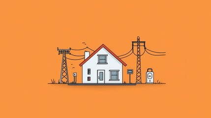 A white house nestled in a rural setting with electrical power lines transmission towers and other utility equipment surrounding it