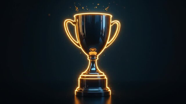 Gold winner trophy with falling confetti ribbons. First place trophy prize, champion award, best success achievement in sports competition. 4k video