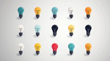 An array of vibrant multicolored light bulbs arranged in a minimalist grid like composition symbolizing creativity innovation and the diverse possibilities of electricity and design