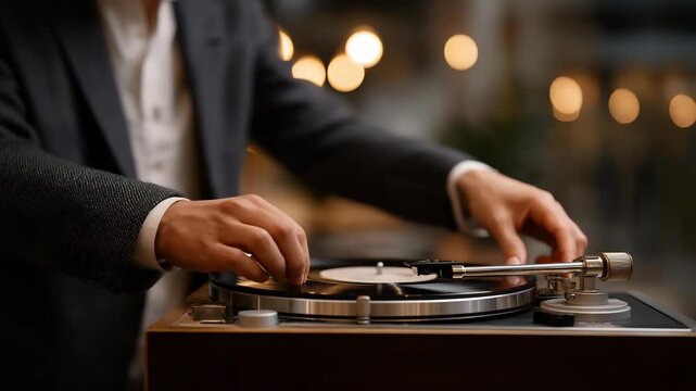 Hand adjusting the needle on a vintage record player with warm ambient light &mdash; concept of retro music appreciation, nostalgic lifestyle, and analog sound aesthetics photography. cinematic color