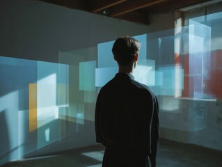 Man observing holographic projection art installation in a gallery, experiencing interactive display of abstract light shapes, technology blending with creative expression