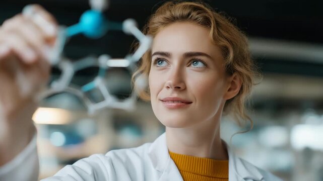 Lab technician reviewing 3D AI-generated model of crystal lattice structure, emotion of discovery visible, symbolizing data-driven materials engineering, molecular simulation, and artificial