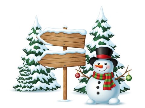 Cheerful snowman, snow-covered trees, and wooden signpost - Powered by Adobe