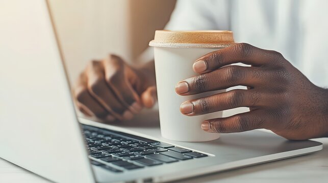 Person holding coffee cup near open laptop computer screen