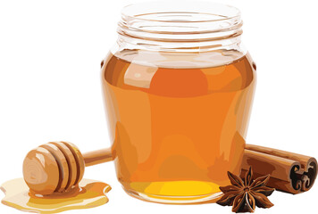 Golden Honey Jar, Wooden Dipper, Cinnamon Sticks, and Star Anise Spice Still Life, Natural Sweetener and Healthy Ingredient for Tea, Baking, or Cooking, Isolated Vector Illustration.